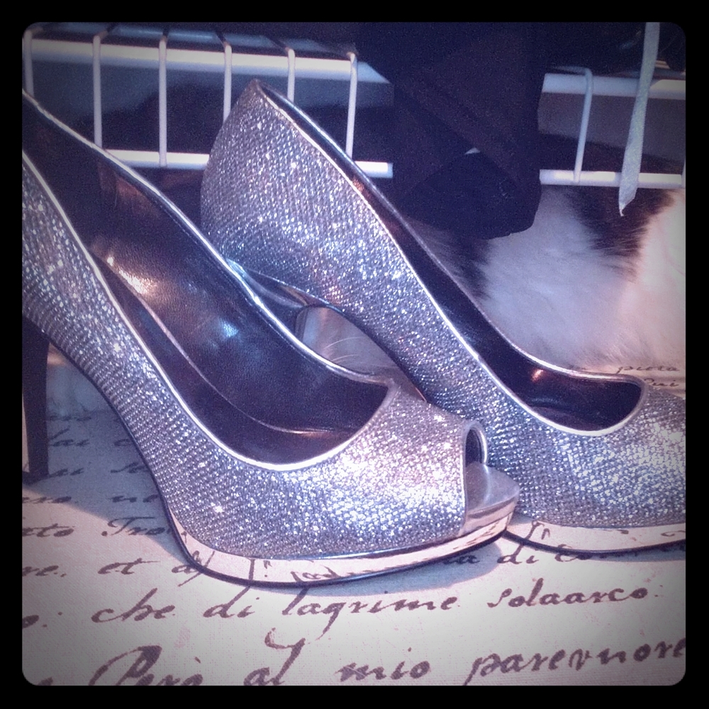 Nine West shiny silver heels